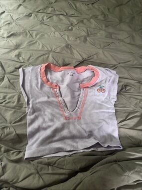 Urban Outfitters Lavender Ribbed Tank Top with Pink Trim and Cherry Embroidery